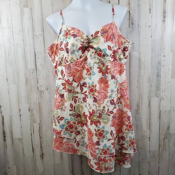 Uniform John Paul Richard Womens Top L Cream Floral Asymmetrical Tiered Hem U2 - Picture 1 of 5